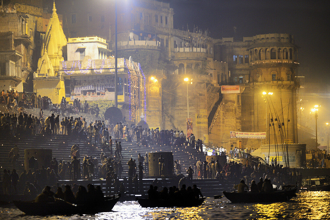 India, Uttar Pradesh, Varanasi, Boatride along the ghats during Dev Deepawali festival.