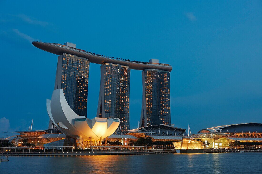ArtScience Museum and Marina Bay Sands Hotel at night, Singapore.