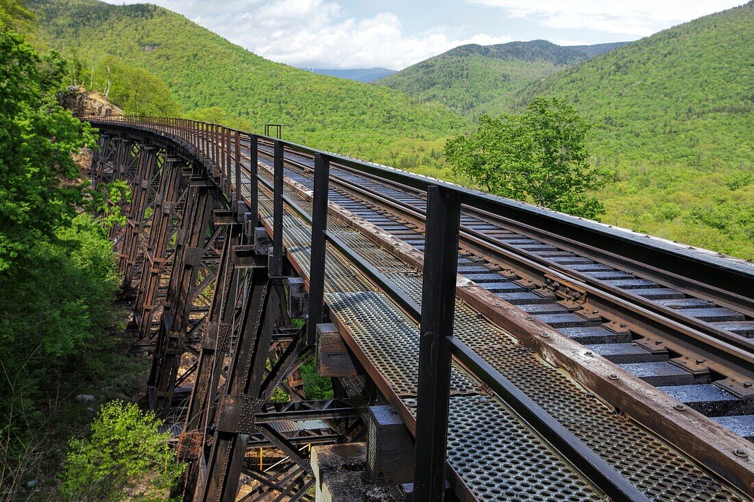 Crawford Notch State Park - Frankenstein Trestle along the Maine Central Railroad in the White Mountains, New Hampshire USA. Chartered in 1867 as the Portland & Ogdensburg Railroad Company then leased to the Maine Central Railroad in 1888 and later abando