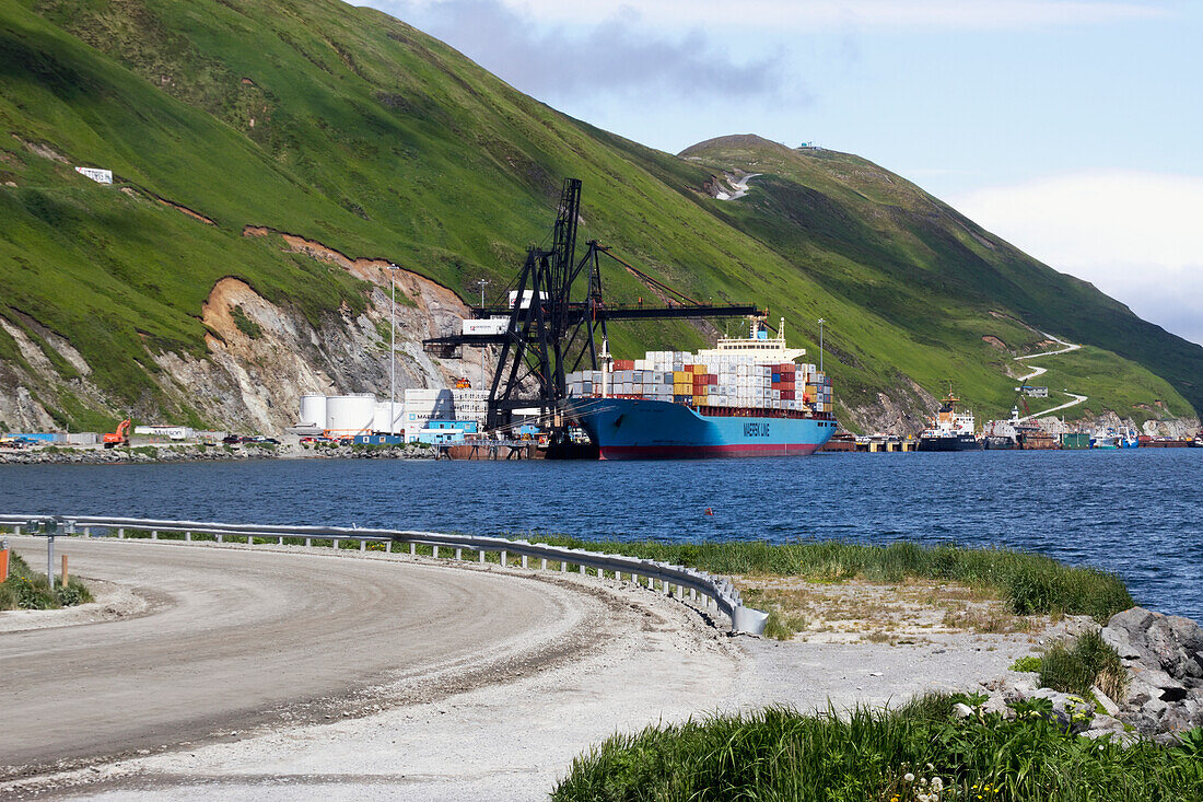 Maersk container vessel, Sea Land Charger, in Unalaska Bay, Unalaska, Alaska