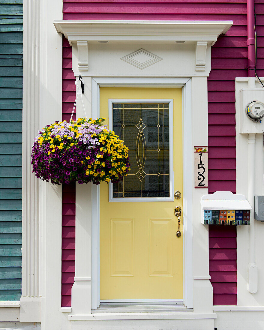 'Colourful facade of a house and front door; St. John's, Newfoundland, Canada'