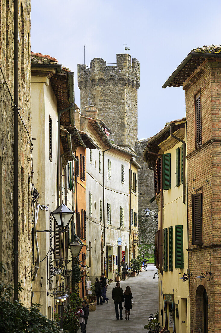 'Residential buildings and a historic watchtower; Montalcino, Tuscany, Italy'