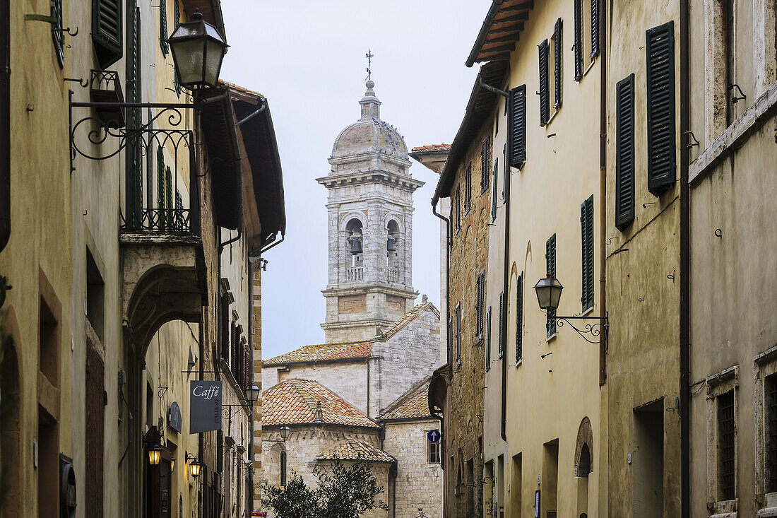 'Buildings and a bell tower; San Quirico d'Orcia, Tuscany, Italy'
