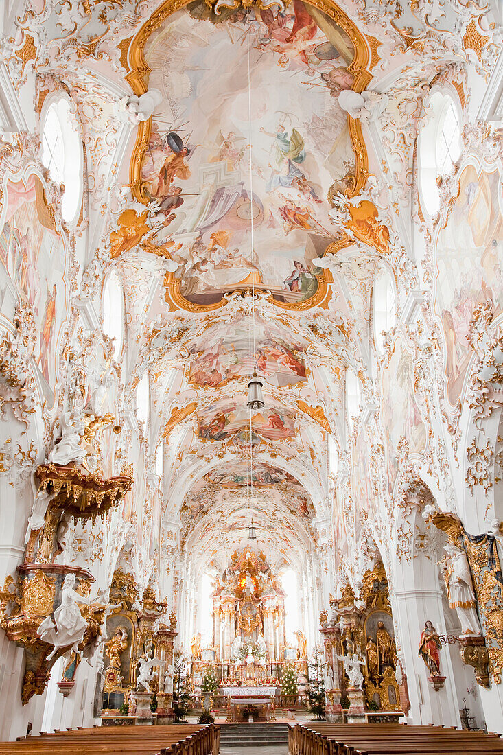 'Ornate interior and ceiling and centre aisle of a church; Bavaria, Germany'