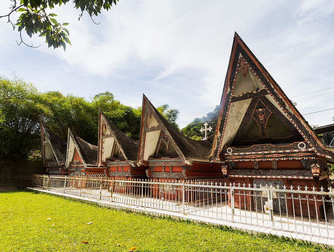 Batak tugu (Bone houses) at Huta Bolon Museum in Simanindo village on Samosir Island, Lake Toba, North Sumatra, Indonesia