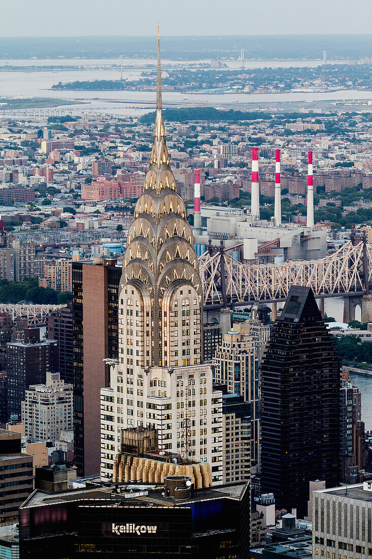 Chrysler Building amidst skyscrapers at dusk, as seen from the Empire State Building, New York City, New York, United States