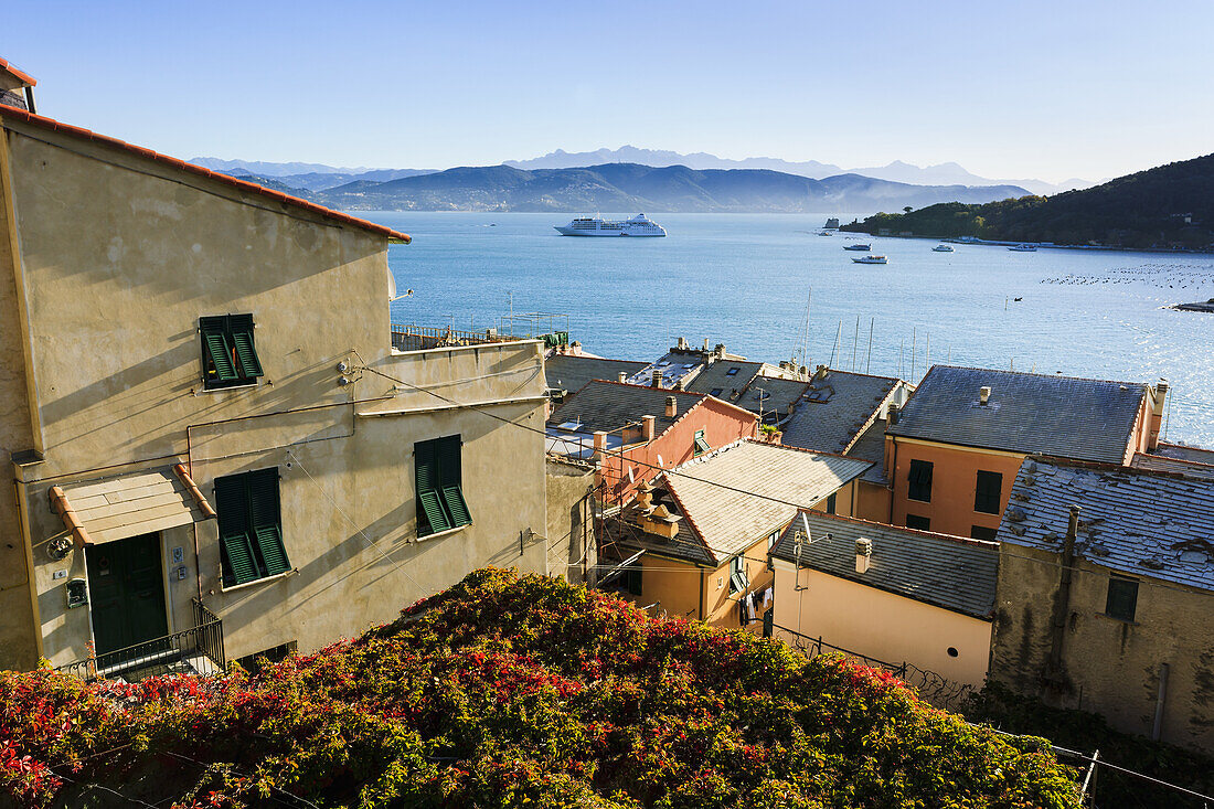 'Residential buildings along the coast of the Italian Riviera with boats in the water; Porto Venere, Liguria, Italy'