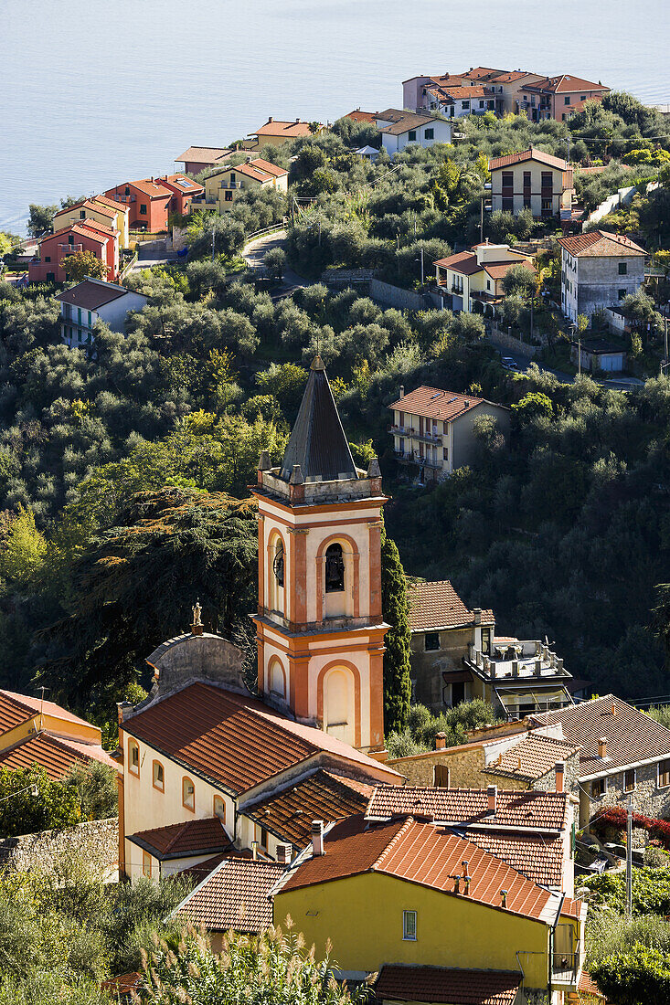 'High angle view of a church and houses; La Spezia, Liguria, Italy'