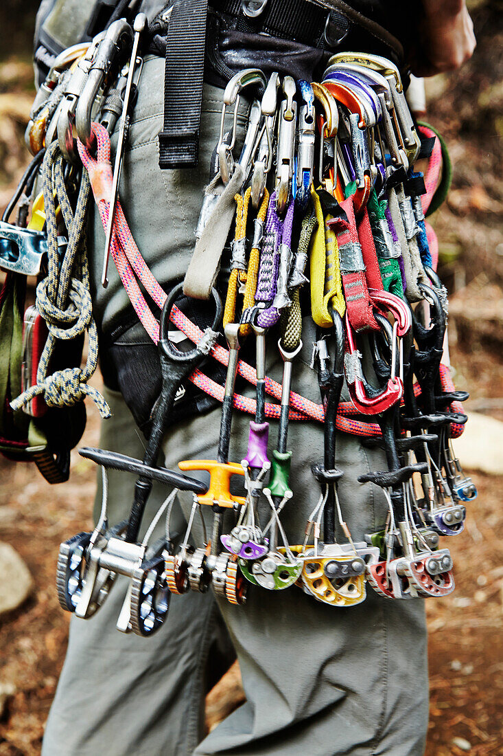 'Rock climbing equipment in the Adirondacks; New York, USA'