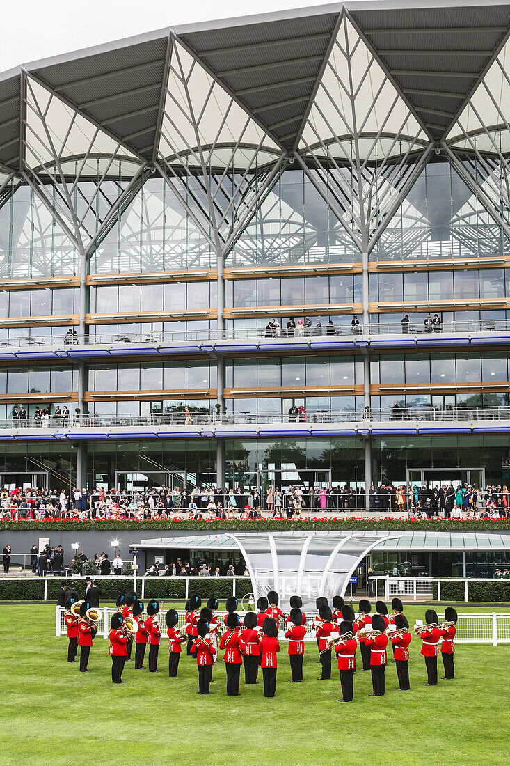 'Military band playing national anthem prior to Royal procession at the Parade Ring with new Enclosure stand at the world's best flat horse racing meeting, Royal Ascot; Ascot, Berkshire, England'