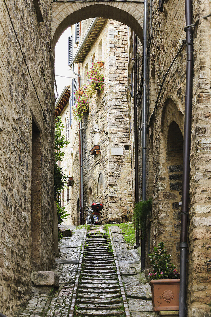 'Stone buildings and cobblestone walkway under an arch; Spello, Umbria, Italy'