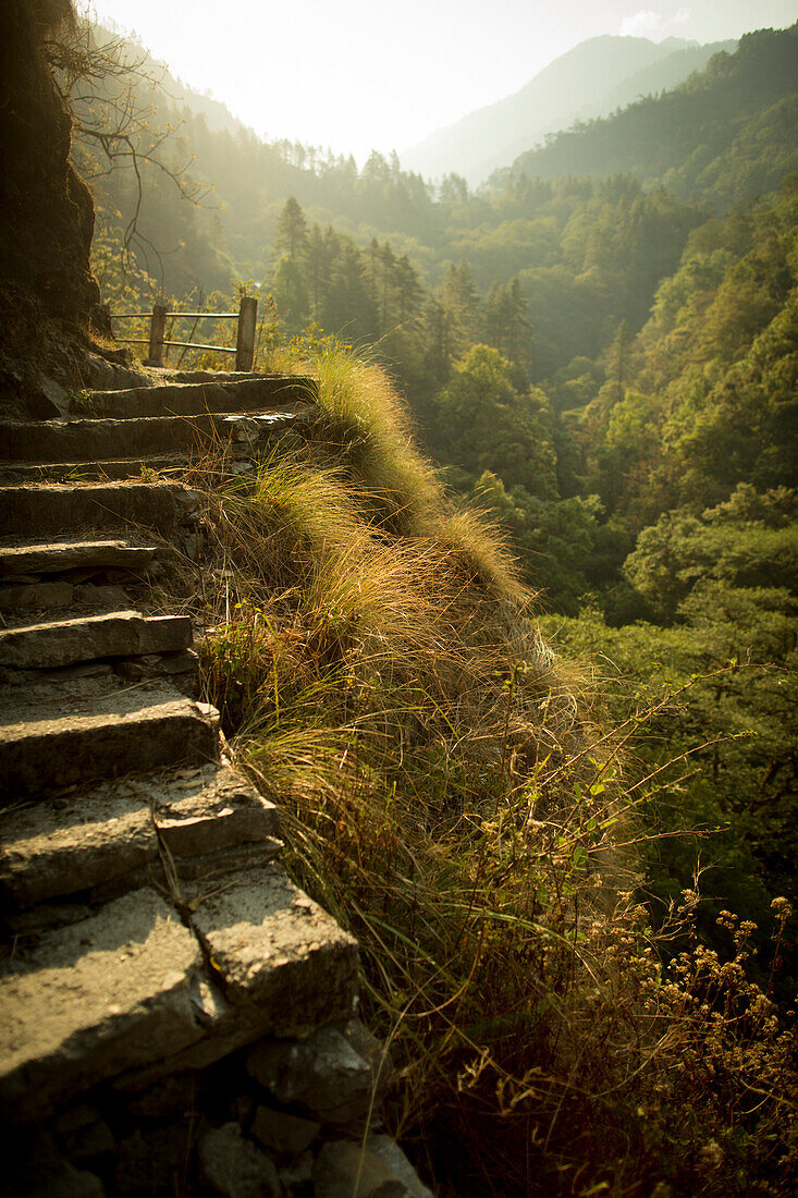 The stone steps of Nepal's trekking trails in the Langtang Region wide up to Gosaikunda.
