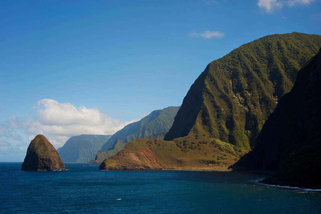 View of the cliffs and ocean in Kalaupapa looking towards East Molokai.