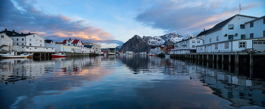 Mountain reflection in Harbour at scenic fishing village of Henningsv?¶r, Austv?•g??y, Lofoten Islands, Norway