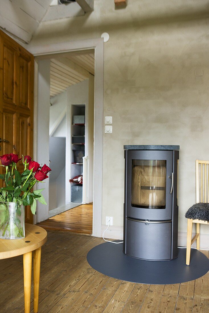 Wood burning stove with bottom plate and open door