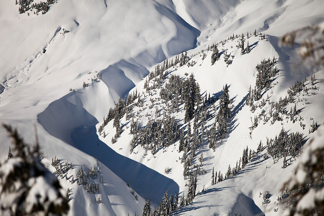 A landscape of deep gully winds through a winter landscape below Mount Baker.