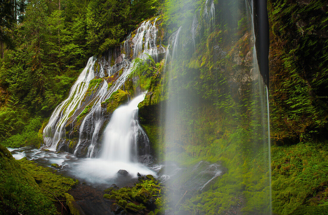 Numerous waterfalls cascade over a lush vegetated cliffs at Panther Creek Falls in Carson, Washington.