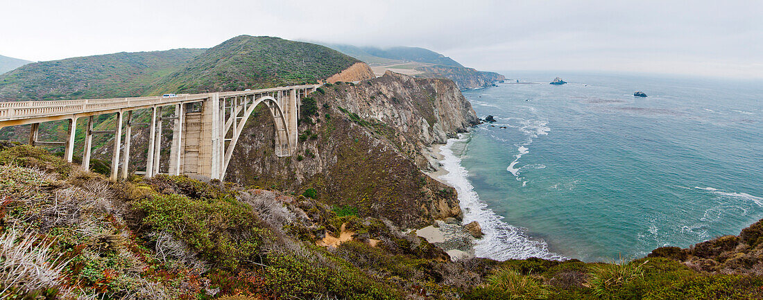 The Bixby Bridge and highway State Route 1 along the Big Sur Coast of California.