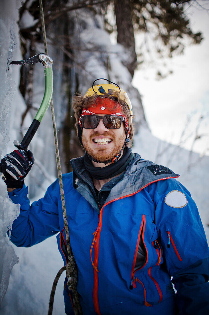 Portrait of a male ice climber in Whistler, British Columbia, Canada.