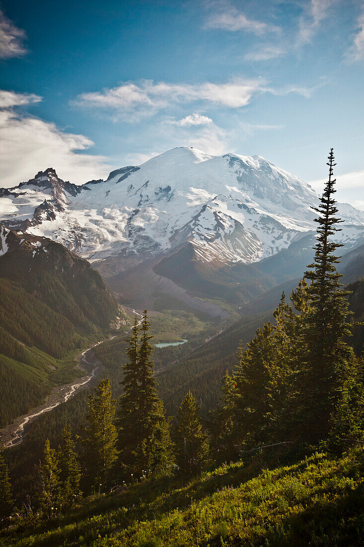 The northeast face of Mount Ranier, the Winthrop Glacier and the White River Valley.