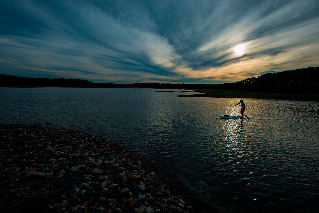 A man paddle boarding in the evening in Kittery, Maine.