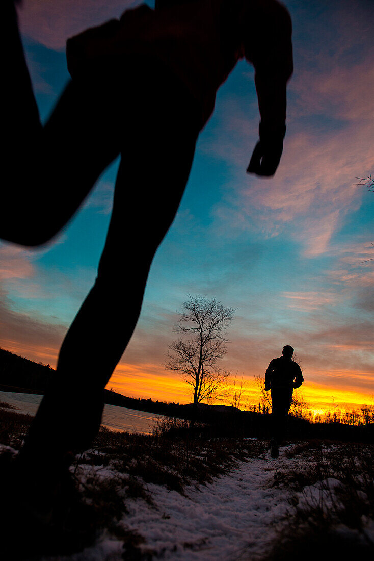 Sunrise run after a late fall snowfall in the White Mountains of New Hampshire.