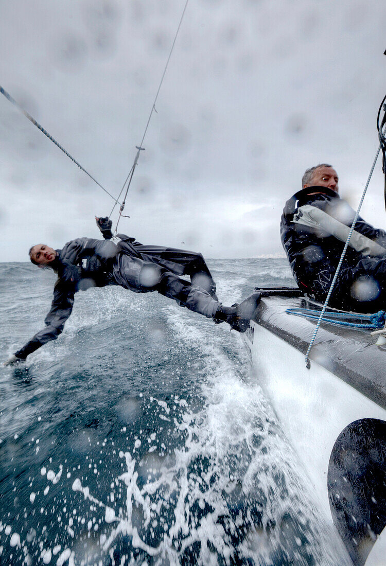 'Yvan Bourgnon and Joris Cocaud training before the attempt of the around Corsica Island record on the Nacra F20 Carbon ''Atlantis Television'', Porticcio, Corsica, France.'