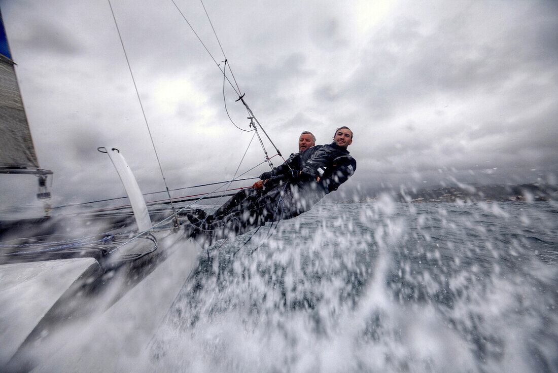 'Yvan Bourgnon and Joris Cocaud training before the attempt of the around Corsica Island record on the Nacra F20 Carbon ''Atlantis Television'', Porticcio, Corsica, France.'