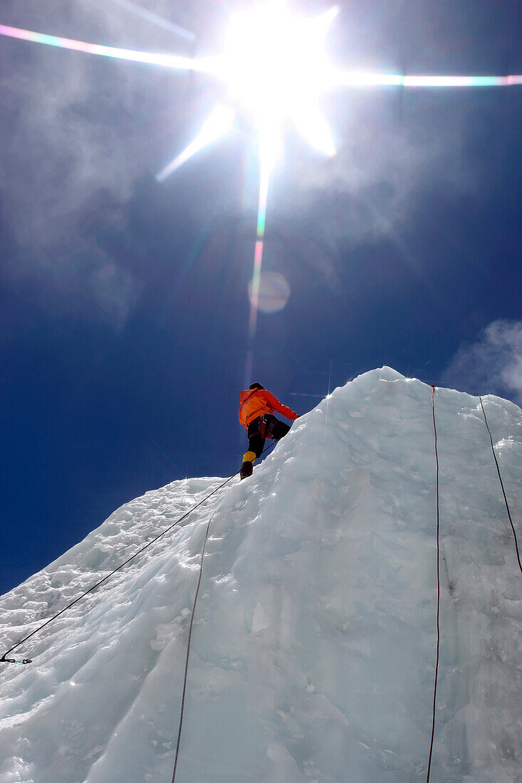 Mountaineers climbing up the Khumbu Icefall on the route up Everest.