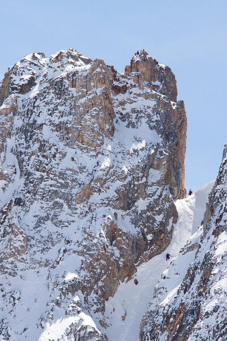 Two backcountry skiers in the Sawtooth Mountains near Stanley, Idaho.