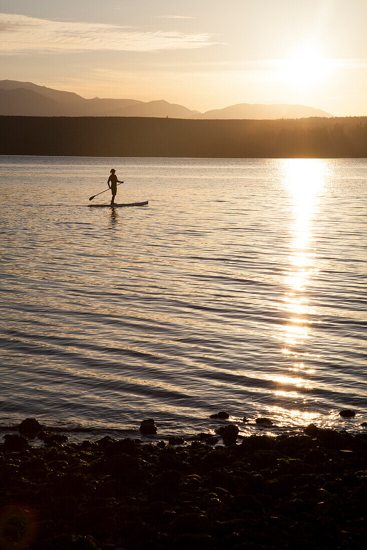 A fit male paddles his stand up paddle board (SUP) along the Hood Canal in the Puget Sound near Poulsbo, Washington at sunset.