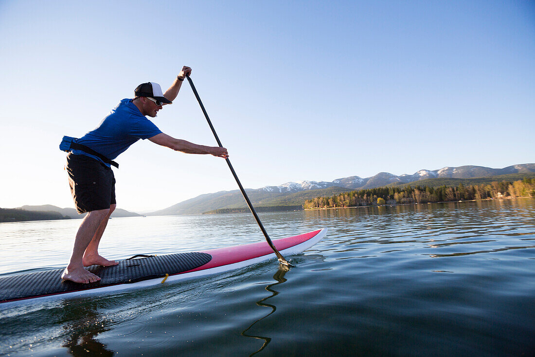 A fit male paddles his stand up paddle board (SUP) at sunset on Whitefish Lake in Whitefish, Montana.