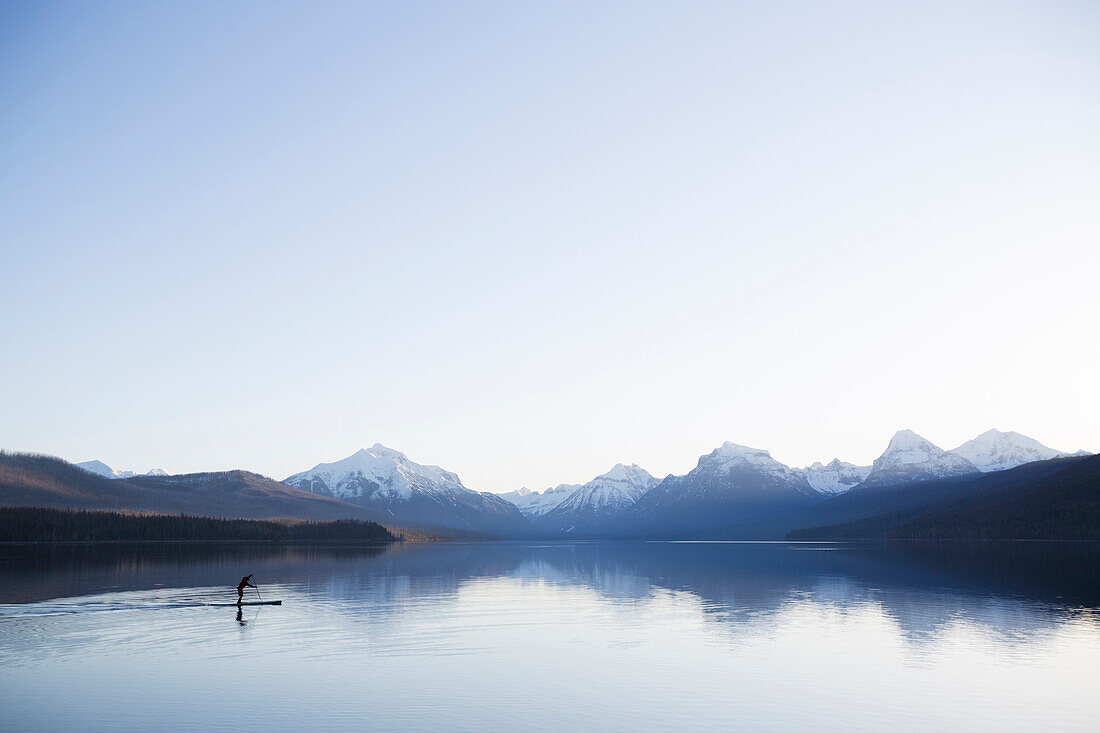 A man stand up paddle boards (SUP) on a calm Lake McDonald at sunrise in Glacier National Park near West Glacier, Montana.