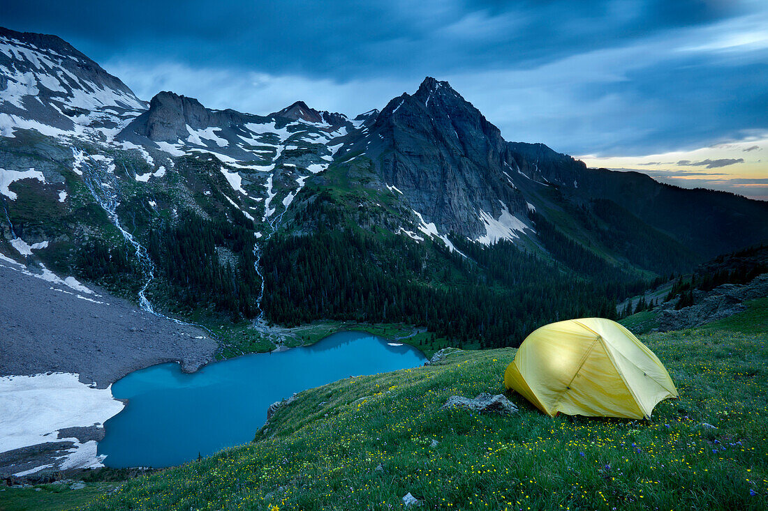 A campsite above lower blue lake in the Sneffels Wilderness area near Ouray Colorado.