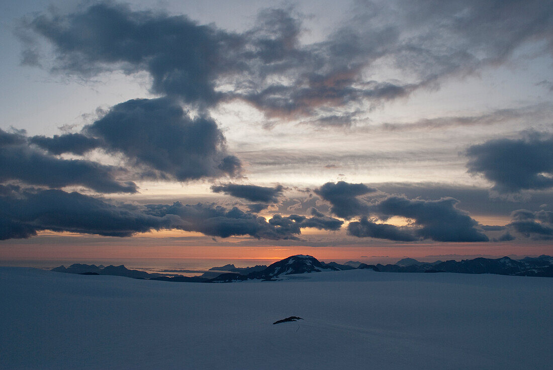 Sunset view form the glacier on fjords.