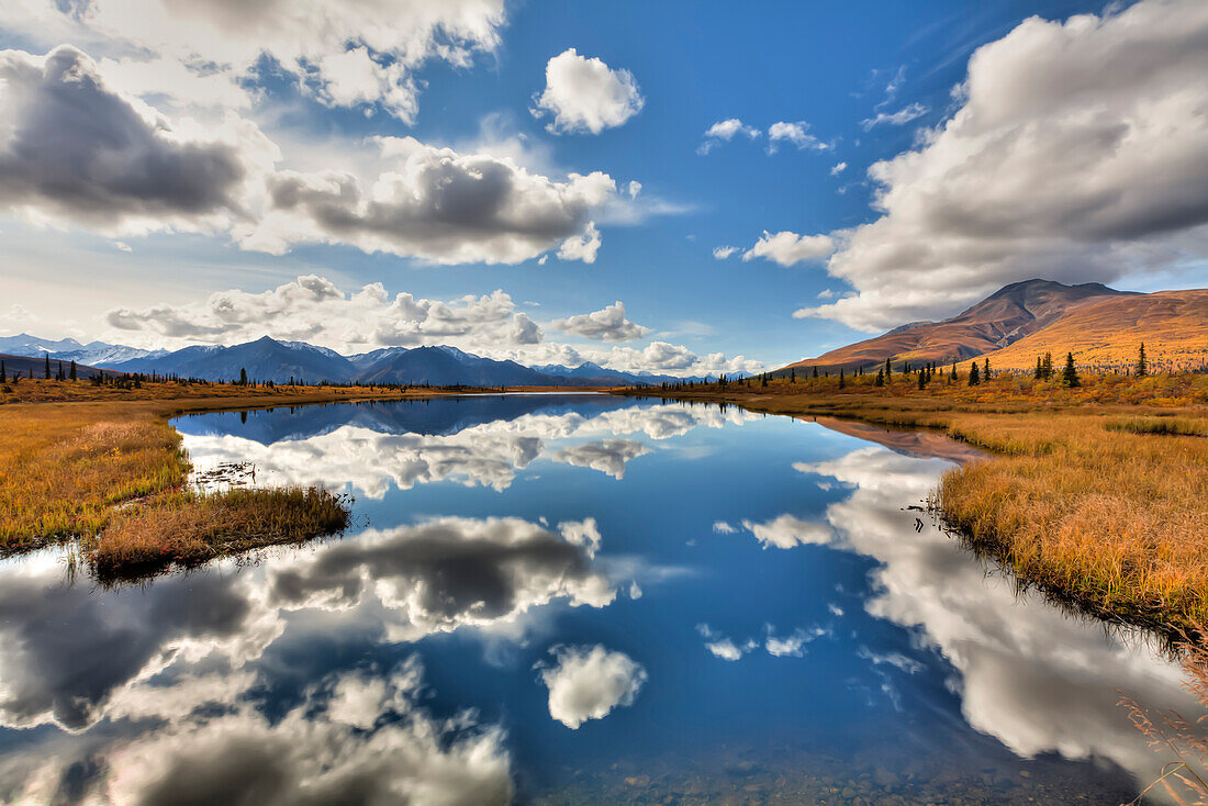 Cloud Reflections On Knob Lake Along Alascom Road Near Sheep Mountain And The Glenn Highway, Southcentral Alaska, Autumn, Hdr