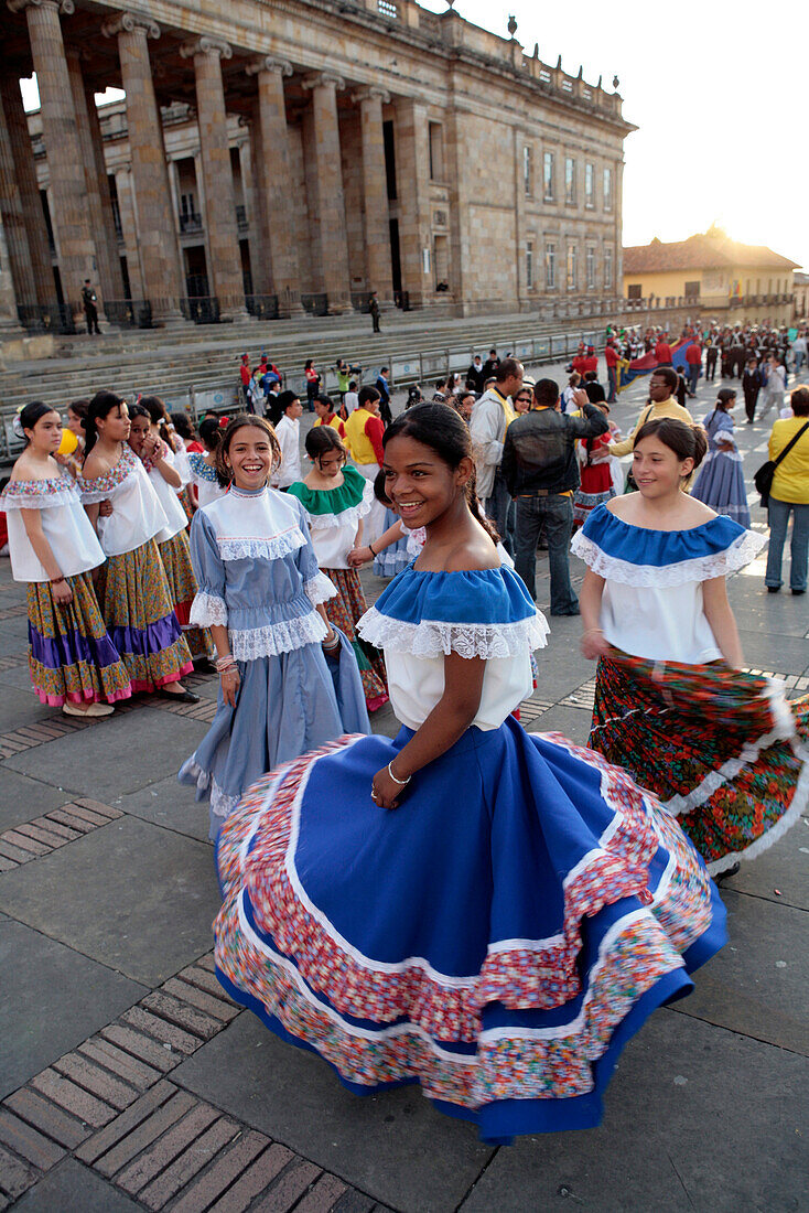 Schoolchildren parade on the place Bolivar, Bogota, Colombia.