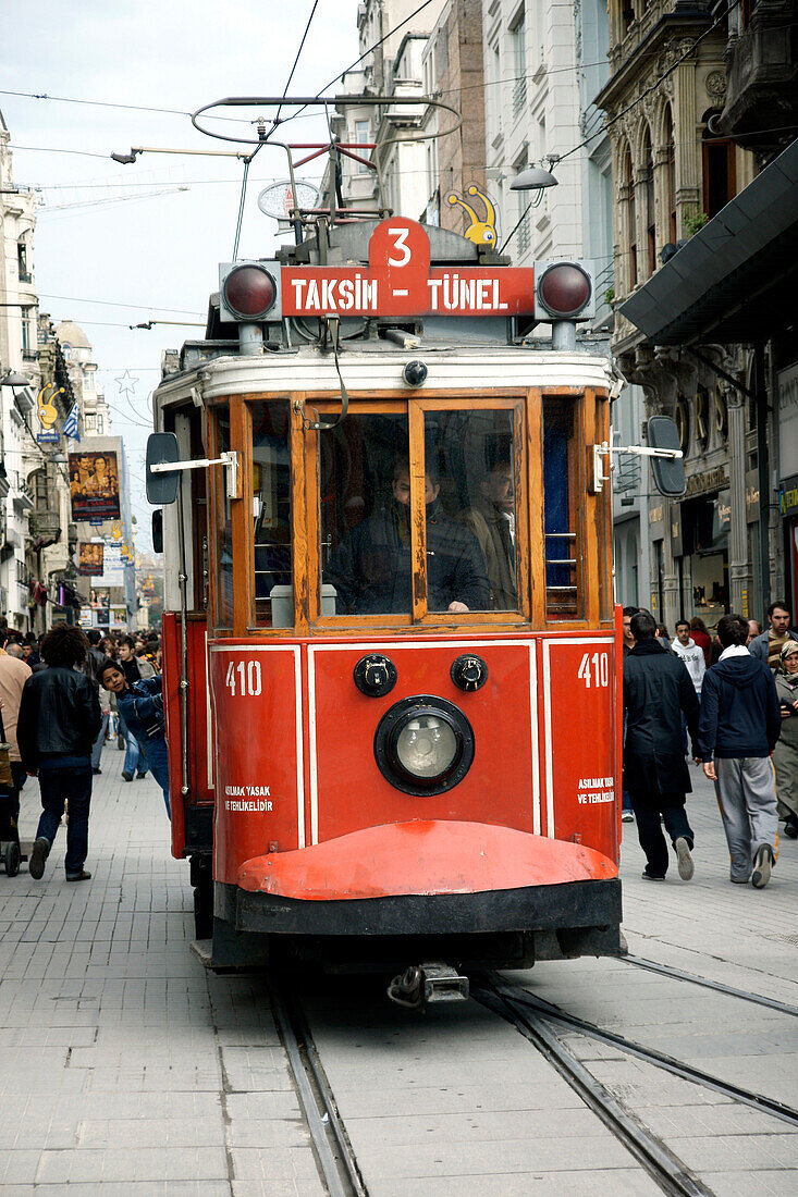 Traditional Red Tram, Istikal Caddesi, Near Taksim Square, Istanbul, Turkey