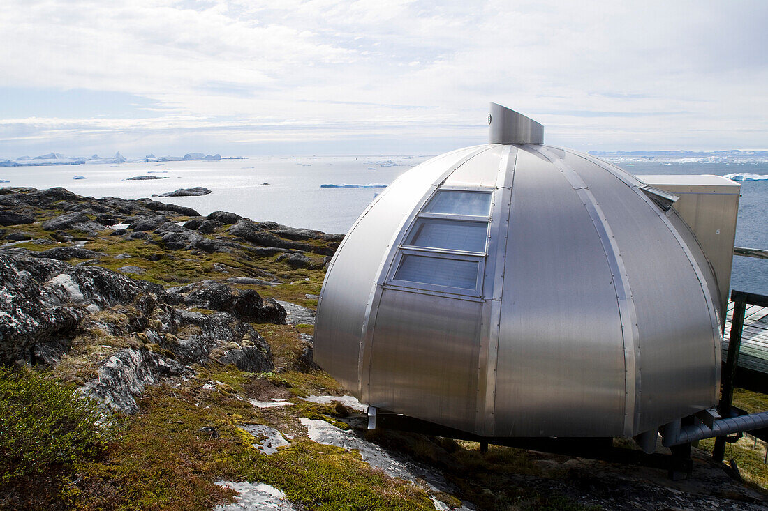 Aluminium 'igloos' At The Hotel Arctic In Ilulissat On The West Coast Of Greenland, The Most Northerly 4 Star Hotel. Greenland.