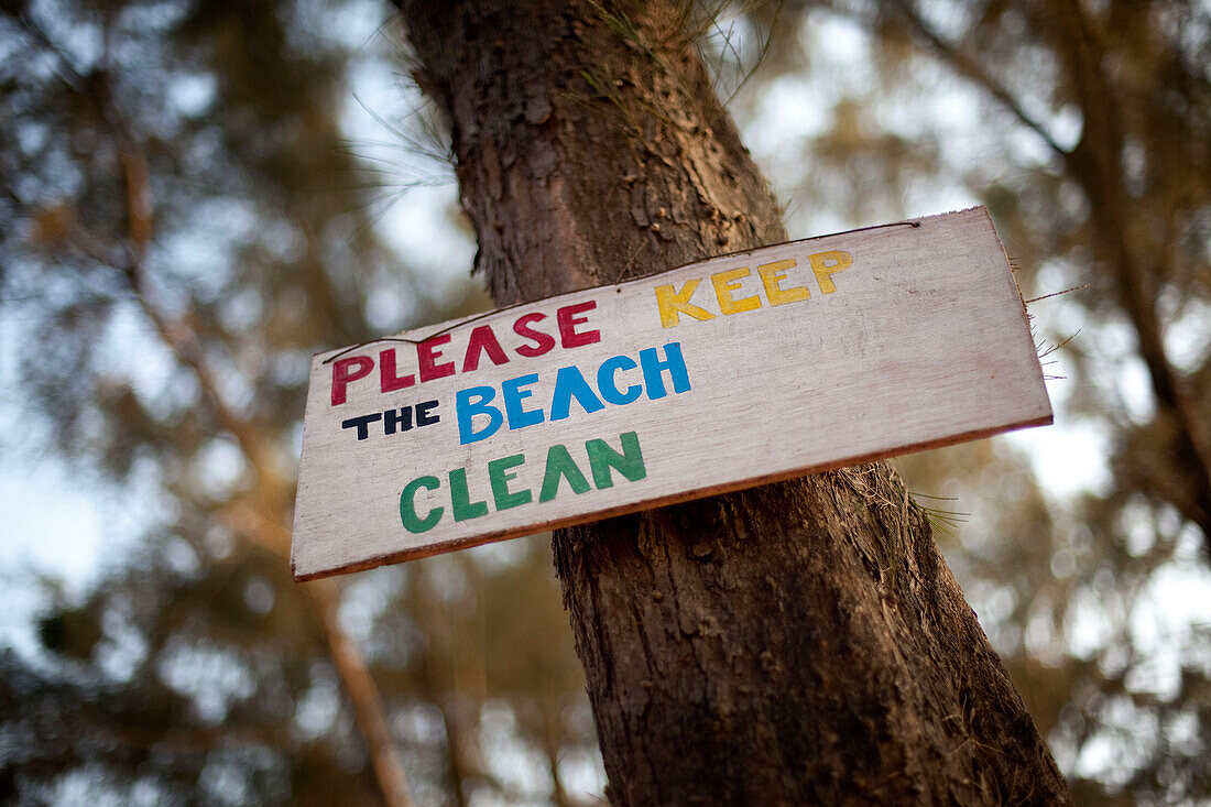Keep the beach clean sign Turtle Beach, Goa, India.