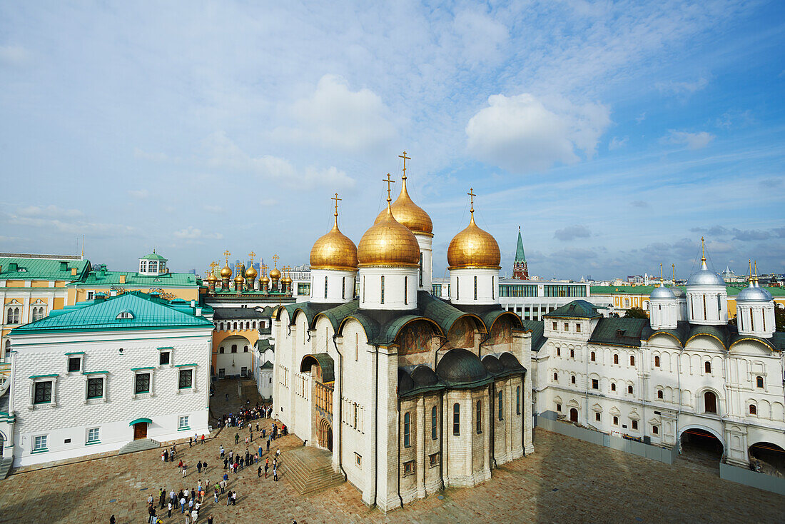 'View of Palace Square, including Assumption Cathedral and Patriarch's Palaces from Ivan the Great Bell Tower in Kremlin; Moscow, Russia'