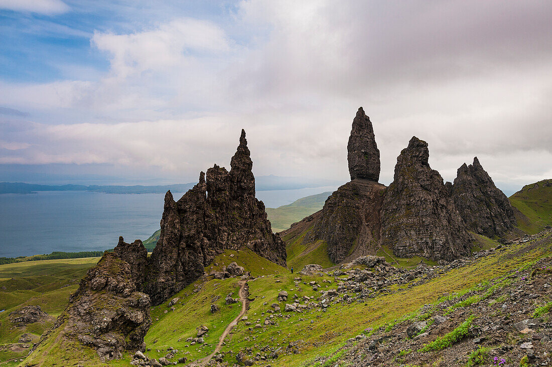 'Strange rocky outcrops of 'The Sanctuary' including the Old Man of Storr, Trotternish; Isle of Skye, Scotland'