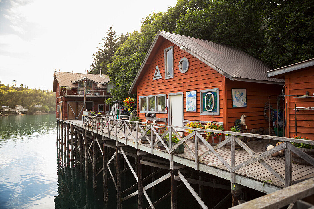 View of buildings along the boardwalk at Halibut Cove, Kachemak Bay, Southcentral Alaska.