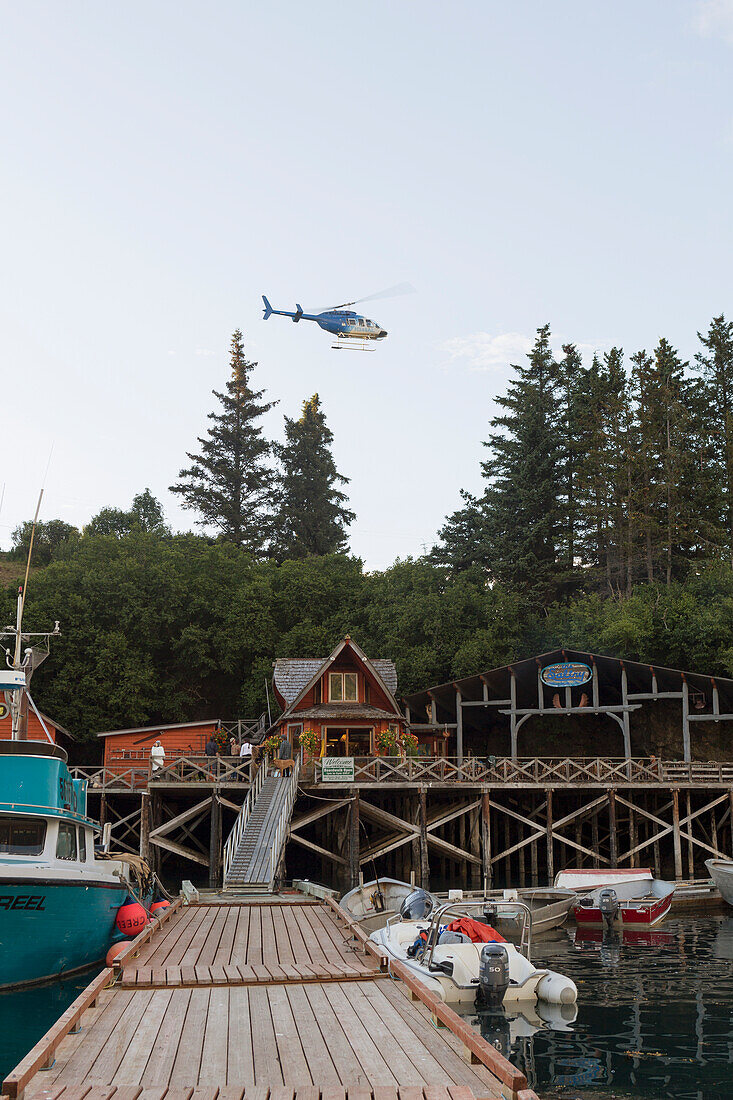 Helicopter flying over the Saltry, Halibut Cove, Southcentral Alaska