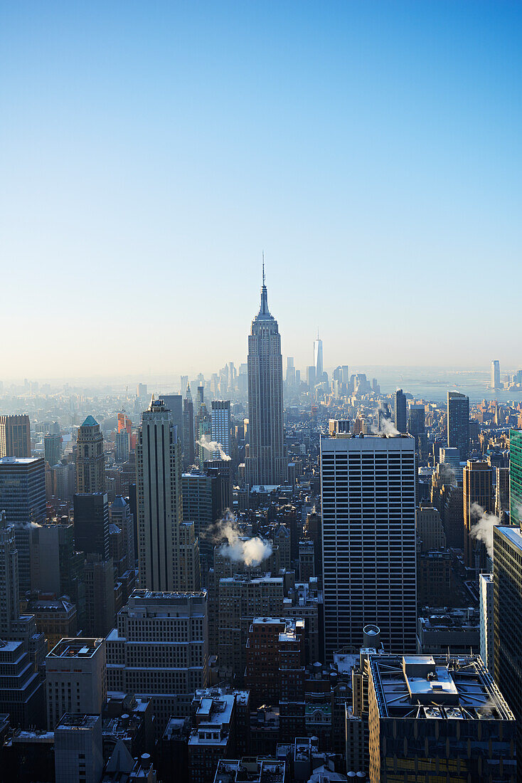 'View of Empire State Building and financial district from Top of the Rock at Rockefeller Centre; New York City, New York, United States of America'