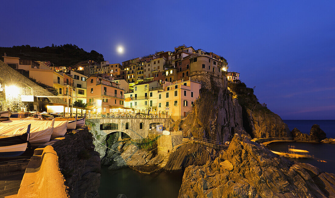 'Village of Manarola at sunset, Cinque Terre; Manarola, Liguria, Italy'