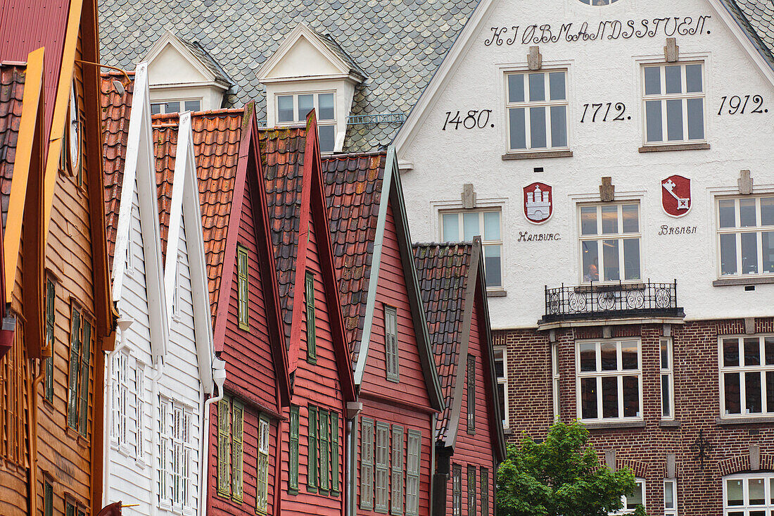 'Colourful buildings with peaked roofs; Bergen, Norway'
