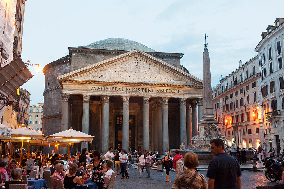 'The Pantheon in the Piazza della Rotunda, and the Fontana del Pantheon, surmounted by an Egyptian obelisk; Rome, Italy'