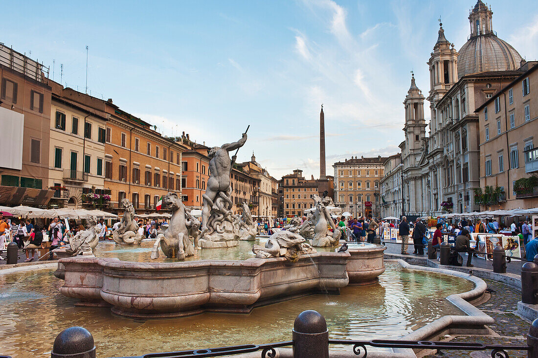 'The fountain of the Moors, designed by Giacomo della Porta in 1575 and the statue of the Moor by Gian Lorenzo Bernini, added in 1874, Piazza Navona; Rome, Italy'