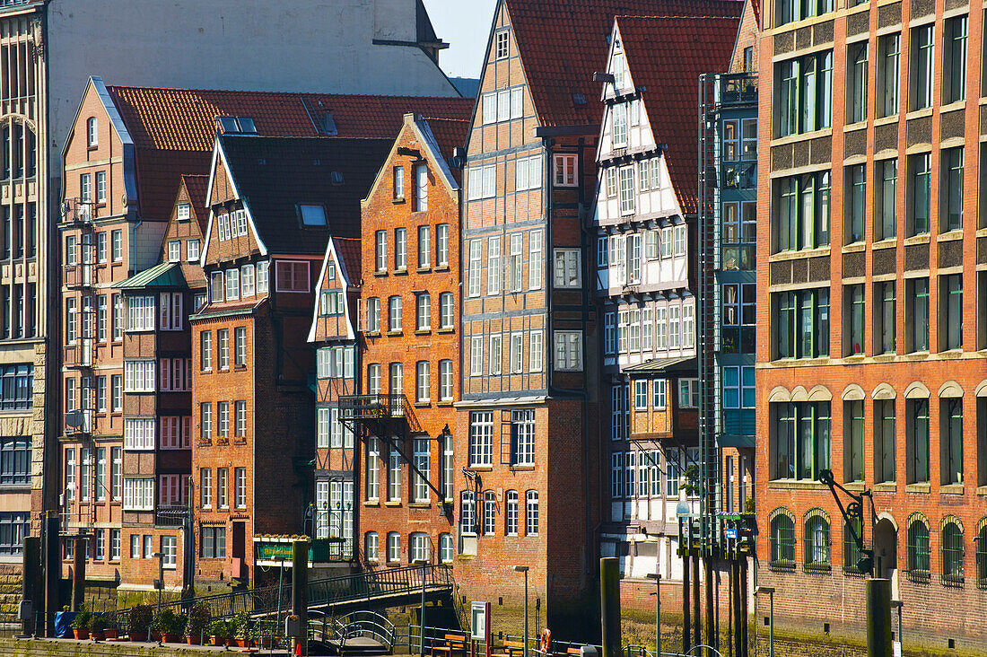 'Buildings with peaked roofs in a row; Hamburg, Germany'